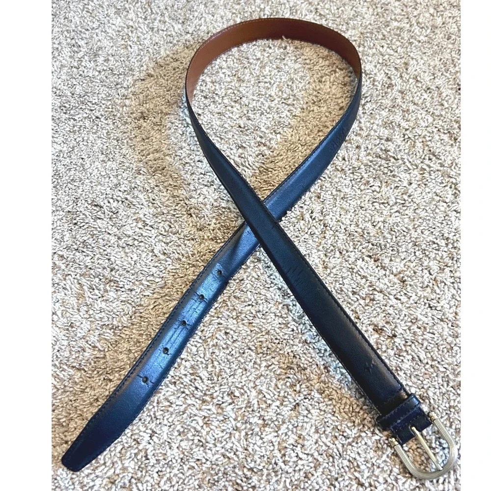 Christian Dior Vintage Black Split Leather Belt Silver Gold Buckle 41